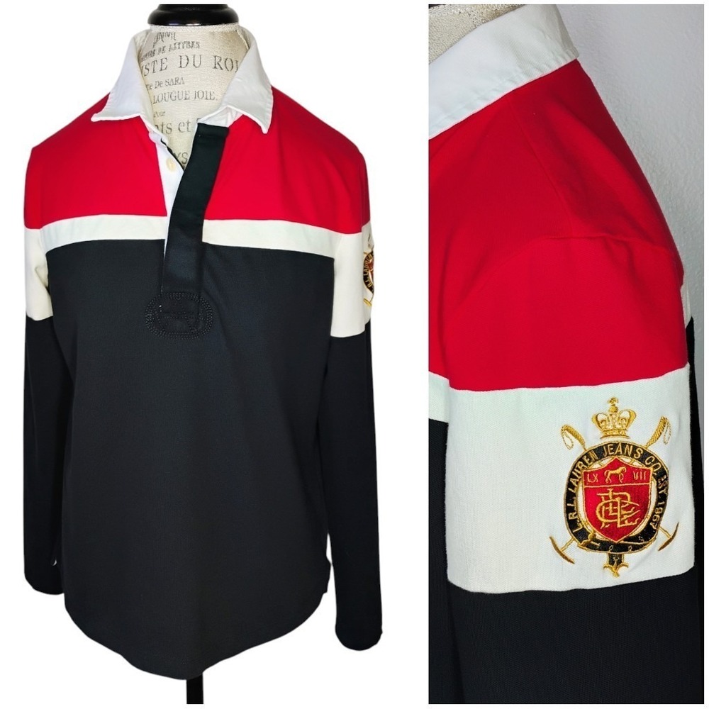 Lauren Jeans Co Polo Rugby Shirt Womens Large USA Embroidered Crest Preppy